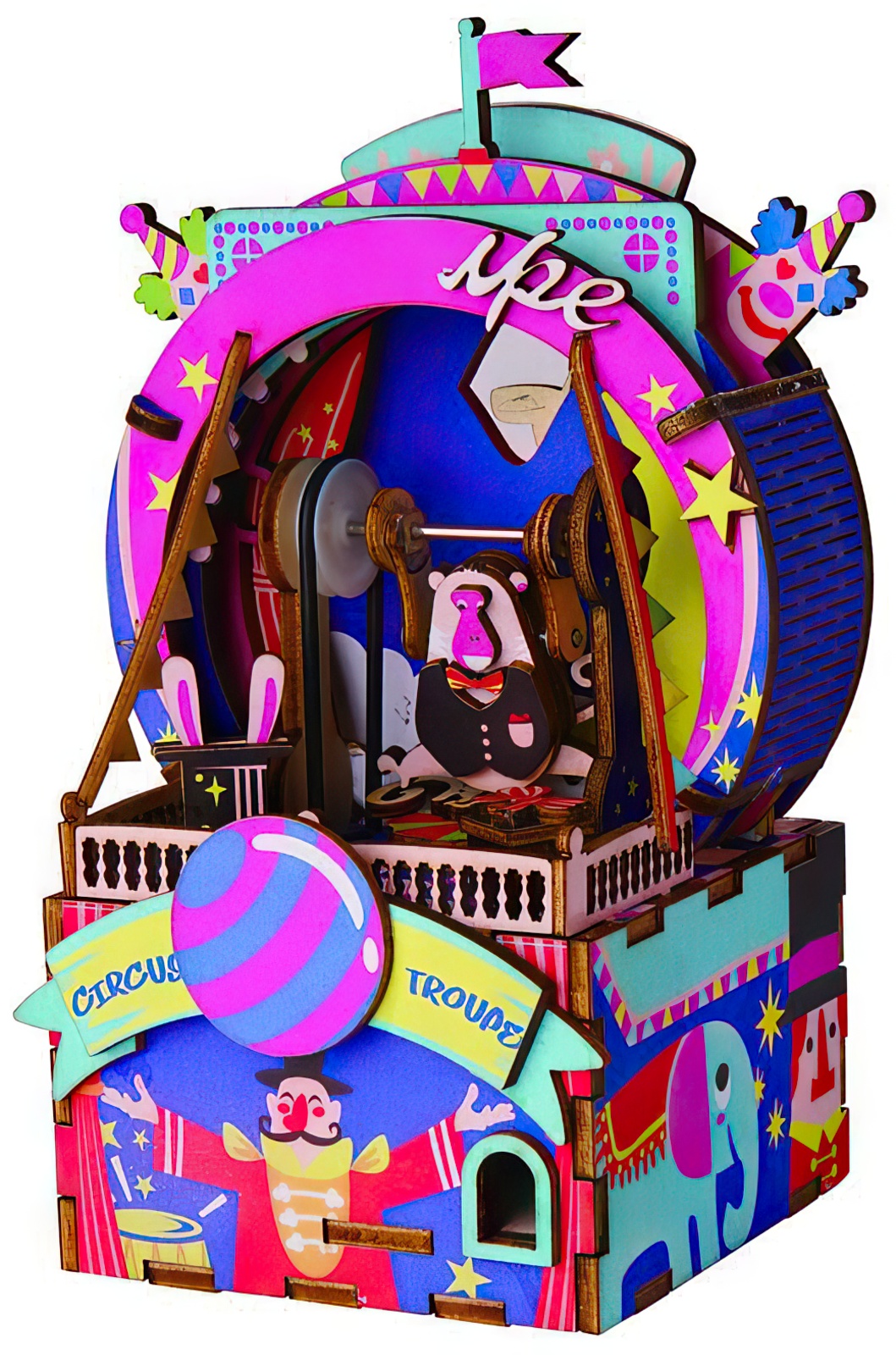 Robotime - DIY Music Box - Amusement Park (DIY-Spieluhr 10.9 x 8.4 x 15.5 cm) Zirkus-Managen-Spieluhr - Lied "Around The World In 80 Days" (Holzbausatz)